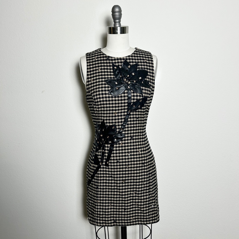 Anthropologie Black White Cotton Tweed Floral Applique Mini Dress Women XXS NWT